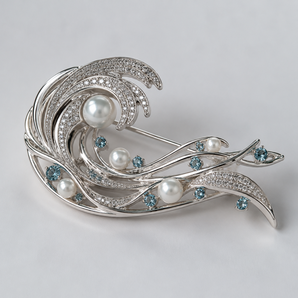 A women's brooch. a silver broach inspired from ocean
photorealistic jewelry design, A women's brooch. a silver broach inspired from ocean, modern style, just the design no text