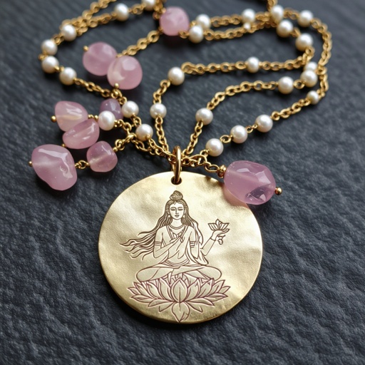 Кулон на длинной цепочке. Матовое светлое золото. В цепочке небольшие золотые шарики и камушки розового необработанного кварца и жемчуга. Кулон в форме неровного мятого круга. На круге изображена девушка с длинными волосами в позе лотоса нечетко