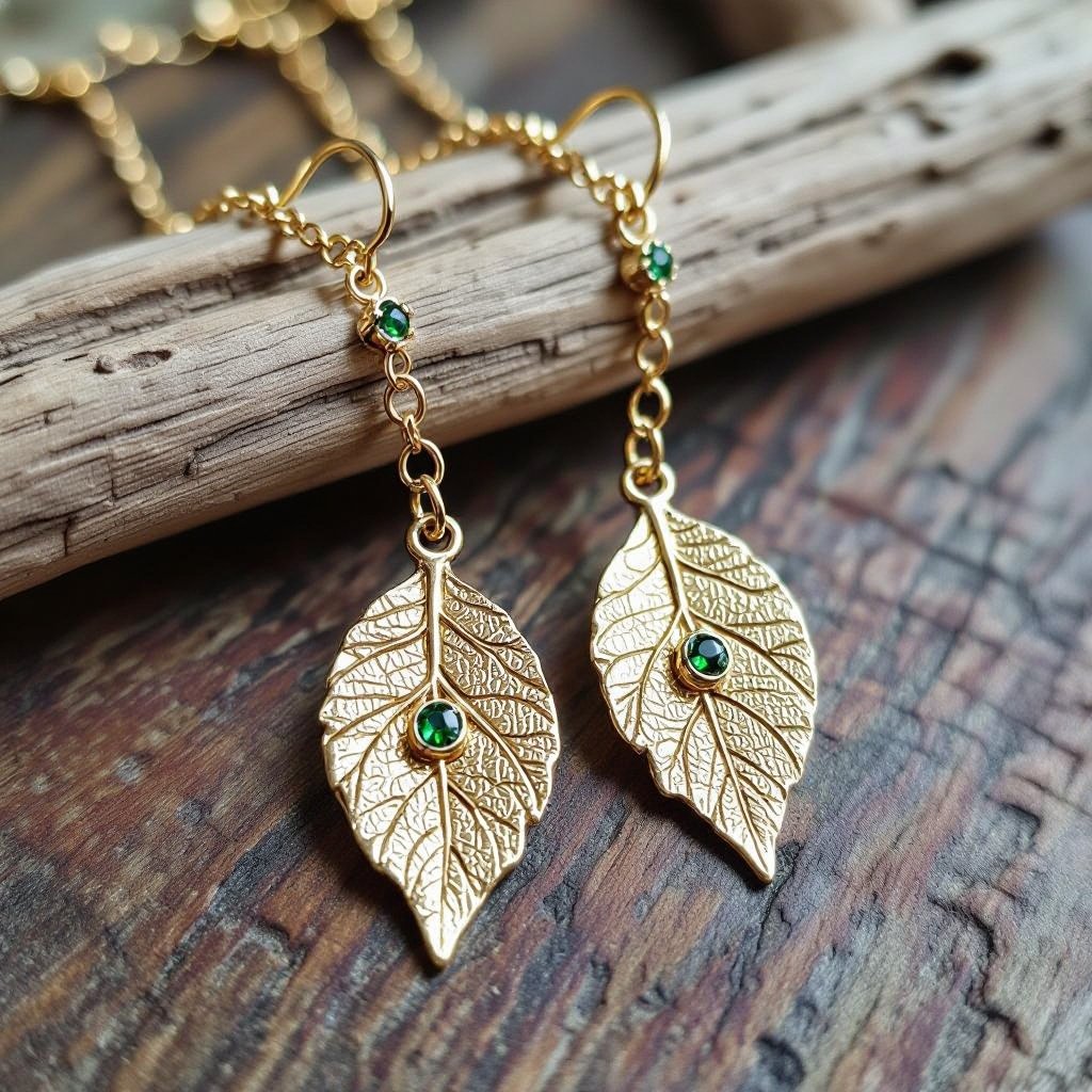 Серьги длинные на цепочках матовое золото мятое. Символ листок с прожилками на нем маленькие зеленые  камушки