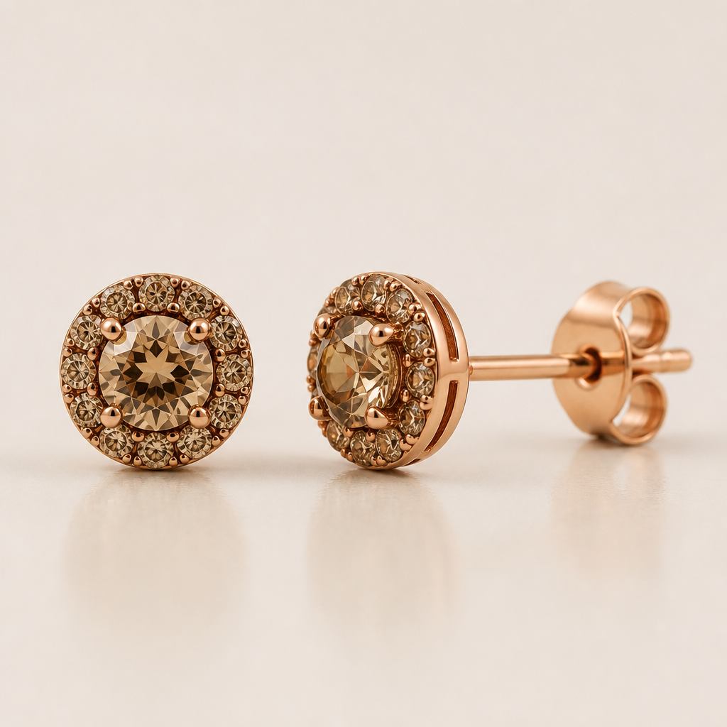Center stone 3.2 mm champagne diamond, pave 1.2 mm champagne diamonds around, rose gold earrings
photorealistic jewelry design, Center stone 3.2 mm champagne diamond, pave 1.2 mm champagne diamonds around, rose gold earrings, just the design no text