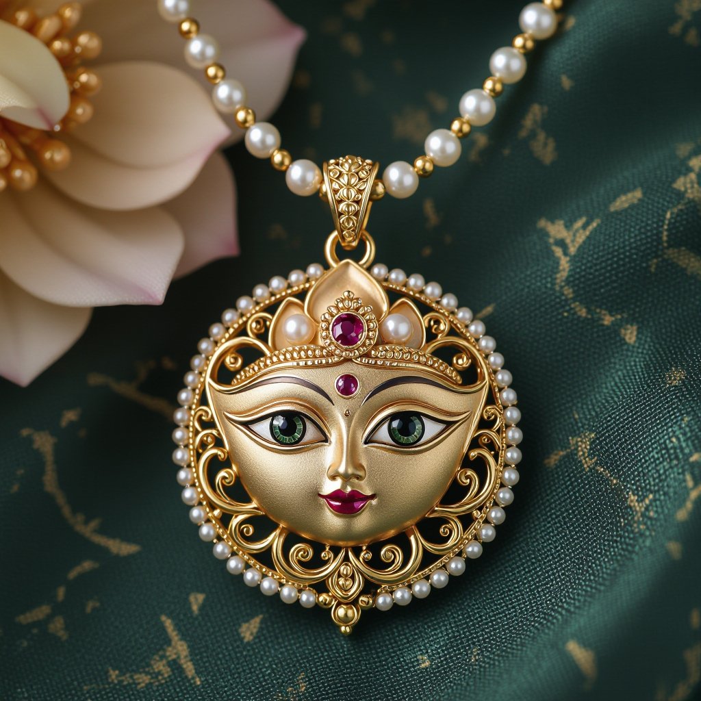 Кулон на длинной цепочке. Матовое светлое золото. В цепочке небольшие золотые шарики и жемчуг. Кулон в виде двух глаз над ними лотос с маленьким красным камнем внутри узоры завитушки 