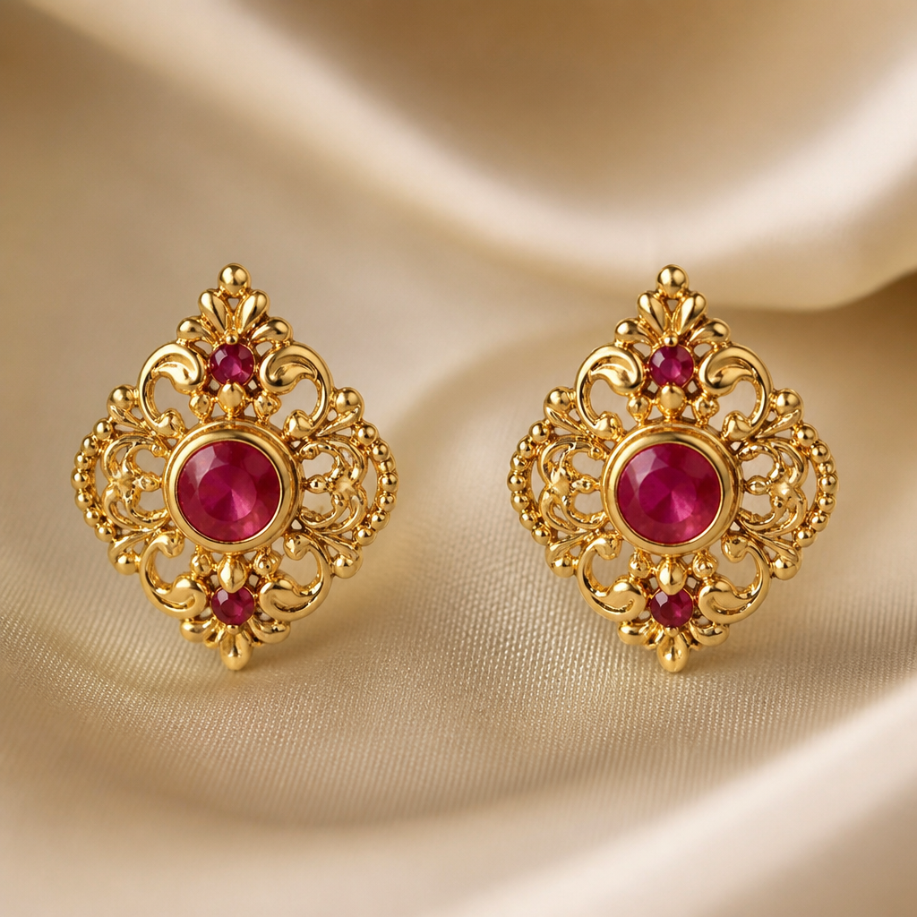 A retro women's earrings made of gold with ruby stones suitable for daily wear, highly ornate, intricate and elaborate, richly detailed. delicado y sencillo pero que los aretes sean cortos
photorealistic jewelry design, A retro women's earrings made of gold with ruby stones suitable for daily wear, highly ornate, intricate and elaborate, richly detailed. delicado y sencillo pero que los aretes sean cortos, retro style, just the design no text