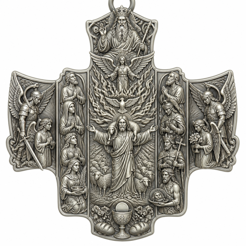A sculptural women's pendant made of silver suitable for festival. An extraordinary excellent beautiful delicate and elegant, super modern Cross, without stones, without background only the Cross, with Jesus Christ as the Good Shepherd with a beautiful delicate and elegant face, with long hair, with a beautiful delicate elegant and fit body, with His hands wide open to receive all of us, with a beautiful delicate elegant and beautifully ornated tunic, with a beautiful delicate and elegant sheep on His shoulders, with a beautiful delicate and elegant flock of beautiful delicate and elegant sheep backward of Him. Over Jesus Christ and the flock to be placed the Holy Spirit as an Angel with a beautiful delicate and elegant face, with long hair, with big wings flying, with a beautiful delicate elegant and fit body, with a beautiful delicate elegant and beautifully ornated tunic under the Angel to be placed a beautiful delicate and elegant dove flying both of them the Angel and the dove to be surrounded by tongues of fire radiating light to Jesus Christ and the flock. Over the Holy Spirit to be placed God the Father with a beautiful delicate and elegant face, with long hair, with a beautiful delicate elegant and fit body, with a beautiful delicate and elegant tunic, with a beautiful delicate and elegant sceptre at His left hand blessing the world with His right hand, with a beautiful delicate elegant and beautifully ornated crown on His head. At the bottom of the Cross to be placed the Holy Communion with a beautiful delicate elegant and beautifully ornated chalice and two breads around the chalice. At the lower right side of the Cross to be stacked one by one Saint John the Baptist with a beautiful delicate elegant and beautifully ornated platter with his head on it. Over Saint John the Baptist to be placed Saint Constantine with a beautiful delicate and elegant face, with long hair, with a beautiful delicate and elegant crown on his head, with a beautiful delicate elegant and fit body, with a beautiful delicate and elegant armour holding a beautiful delicate elegant and beautifully ornated Cross. Over Saint Constantine to be placed Saint George with a beautiful delicate and elegant face, with long hair, with a beautiful delicate elegant and beautifully ornated helmet with a beautiful delicate elegant and fit body, with a beautiful delicate elegant and beautifully ornated armour, holding a beautiful delicate and elegant sword with his right hand at low position and near the floor giving respect to the Holy Trinity and Praying. Over Saint George to be placed Saint Peter the Apostle Praying. At the left lower side of the Cross to be placed stacked Saint Paraskevi with a beautiful delicate and elegant face, with long hair, with a beautiful delicate elegant and beautifully curved body, with a beautiful delicate elegant and beautifully ornated tunic holding a bowl with two eyes in it. Over Saint Paraskevi to be placed Saint Irene with a beautiful delicate and elegant face, with long hair, with a beautiful delicate elegant and beautifully ornated wreath on her head, with a beautiful delicate elegant and beautifully curved body, with a beautiful delicate elegant and beautifully ornated tunic Praying. Over Saint Irene to be placed Virgo Maria with a beautiful delicate and elegant face, with beautifully ornated long hair, with a beautiful delicate elegant and beautifully curved body, with a beautiful delicate elegant and beautifully ornated tunic Praying. Over Virgo Maria to be placed Saint Paul the Apostle Praying. At the right side of the Cross to be placed Saint Michael the Archangel with a beautiful delicate and elegant face, with long hair, with a beautiful delicate elegant and beautifully ornated helmet, with a beautiful delicate elegant and fit body, with big wings flying, with a beautiful delicate elegant and beautifully ornated armour, holding His beautiful delicate elegant and beautifully ornated sword low to the ground giving respect to the Holy Trinity and Praying. In front of Saint Michael the Archangel to be placed Saint Gabriel the Archangel with a beautiful delicate and elegant face, with long hair, with a beautiful delicate elegant and beautifully ornated helmet on His head, with a beautiful delicate elegant and fit body, with big wings flying, with a beautiful delicate elegant and beautifully ornated armour, holding a beautiful delicate elegant and beautifully ornated bucket of lilyes and Praying. At the left side of the Cross to be placed Saint Rafael the Archangel with a beautiful delicate and elegant face, with long hair, with a beautiful delicate elegant and beautifully ornated helmet, with a beautiful delicate elegant and fit body, with big wings flying, with a beautiful delicate elegant and beautifully ornated armour, holding a beautiful delicate elegant and beautifully ornated sword with his right hand low giving respect to the Holy Trinity and Praying. In front of Saint Rafael the Archangel to be placed the Guardian Angel with a beautiful delicate and elegant face, with long hair, with a beautiful delicate elegant and beautifully ornated with flowers wreath on His head, with a beautiful delicate elegant and fit body, with a beautiful delicate elegant and beautifully ornated tunic Praying. Make all the Angels, the Saints, God the Father, the Holy Spirit and Jesus Christ and the flock as statues.
photorealistic jewelry design, A sculptural women's pendant made of silver suitable for festival. An extraordinary excellent beautiful delicate and elegant, super modern Cross, without stones, without background only the Cross, with Jesus Christ as the Good Shepherd with a beautiful delicate and elegant face, with long hair, with a beautiful delicate elegant and fit body, with His hands wide open to receive all of us, with a beautiful delicate elegant and beautifully ornated tunic, with a beautiful delicate and elegant sheep on His shoulders, with a beautiful delicate and elegant flock of beautiful delicate and elegant sheep backward of Him. Over Jesus Christ and the flock to be placed the Holy Spirit as an Angel with a beautiful delicate and elegant face, with long hair, with big wings flying, with a beautiful delicate elegant and fit body, with a beautiful delicate elegant and beautifully ornated tunic under the Angel to be placed a beautiful delicate and elegant dove flying both of them the Angel and the dove to be surrounded by tongues of fire radiating light to Jesus Christ and the flock. Over the Holy Spirit to be placed God the Father with a beautiful delicate and elegant face, with long hair, with a beautiful delicate elegant and fit body, with a beautiful delicate and elegant tunic, with a beautiful delicate and elegant sceptre at His left hand blessing the world with His right hand, with a beautiful delicate elegant and beautifully ornated crown on His head. At the bottom of the Cross to be placed the Holy Communion with a beautiful delicate elegant and beautifully ornated chalice and two breads around the chalice. At the lower right side of the Cross to be stacked one by one Saint John the Baptist with a beautiful delicate elegant and beautifully ornated platter with his head on it. Over Saint John the Baptist to be placed Saint Constantine with a beautiful delicate and elegant face, with long hair, with a beautiful delicate and elegant crown on his head, with a beautiful delicate elegant and fit body, with a beautiful delicate and elegant armour holding a beautiful delicate elegant and beautifully ornated Cross. Over Saint Constantine to be placed Saint George with a beautiful delicate and elegant face, with long hair, with a beautiful delicate elegant and beautifully ornated helmet with a beautiful delicate elegant and fit body, with a beautiful delicate elegant and beautifully ornated armour, holding a beautiful delicate and elegant sword with his right hand at low position and near the floor giving respect to the Holy Trinity and Praying. Over Saint George to be placed Saint Peter the Apostle Praying. At the left lower side of the Cross to be placed stacked Saint Paraskevi with a beautiful delicate and elegant face, with long hair, with a beautiful delicate elegant and beautifully curved body, with a beautiful delicate elegant and beautifully ornated tunic holding a bowl with two eyes in it. Over Saint Paraskevi to be placed Saint Irene with a beautiful delicate and elegant face, with long hair, with a beautiful delicate elegant and beautifully ornated wreath on her head, with a beautiful delicate elegant and beautifully curved body, with a beautiful delicate elegant and beautifully ornated tunic Praying. Over Saint Irene to be placed Virgo Maria with a beautiful delicate and elegant face, with beautifully ornated long hair, with a beautiful delicate elegant and beautifully curved body, with a beautiful delicate elegant and beautifully ornated tunic Praying. Over Virgo Maria to be placed Saint Paul the Apostle Praying. At the right side of the Cross to be placed Saint Michael the Archangel with a beautiful delicate and elegant face, with long hair, with a beautiful delicate elegant and beautifully ornated helmet, with a beautiful delicate elegant and fit body, with big wings flying, with a beautiful delicate elegant and beautifully ornated armour, holding His beautiful delicate elegant and beautifully ornated sword low to the ground giving respect to the Holy Trinity and Praying. In front of Saint Michael the Archangel to be placed Saint Gabriel the Archangel with a beautiful delicate and elegant face, with long hair, with a beautiful delicate elegant and beautifully ornated helmet on His head, with a beautiful delicate elegant and fit body, with big wings flying, with a beautiful delicate elegant and beautifully ornated armour, holding a beautiful delicate elegant and beautifully ornated bucket of lilyes and Praying. At the left side of the Cross to be placed Saint Rafael the Archangel with a beautiful delicate and elegant face, with long hair, with a beautiful delicate elegant and beautifully ornated helmet, with a beautiful delicate elegant and fit body, with big wings flying, with a beautiful delicate elegant and beautifully ornated armour, holding a beautiful delicate elegant and beautifully ornated sword with his right hand low giving respect to the Holy Trinity and Praying. In front of Saint Rafael the Archangel to be placed the Guardian Angel with a beautiful delicate and elegant face, with long hair, with a beautiful delicate elegant and beautifully ornated with flowers wreath on His head, with a beautiful delicate elegant and fit body, with a beautiful delicate elegant and beautifully ornated tunic Praying. Make all the Angels, the Saints, God the Father, the Holy Spirit and Jesus Christ and the flock as statues., sculptural style, just the design no text