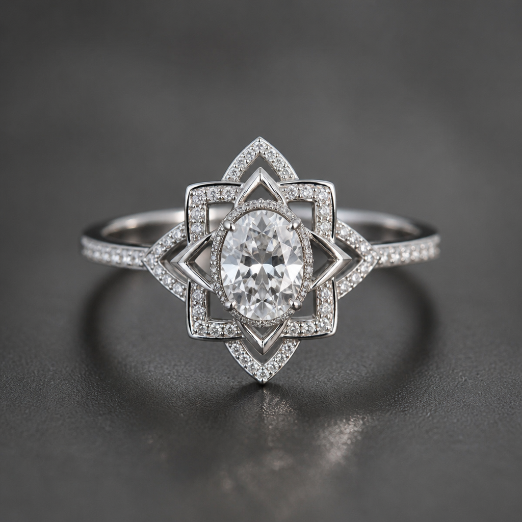 A women's ring made of silver with diamond stones. bague style mandala feminin delicat et metal avec de fine ligne, carrée avec diamant oval au milieu
photorealistic jewelry design, A women's ring made of silver with diamond stones. bague style mandala feminin delicat et metal avec de fine ligne, carrée avec diamant oval au milieu, modern style, just the design no text