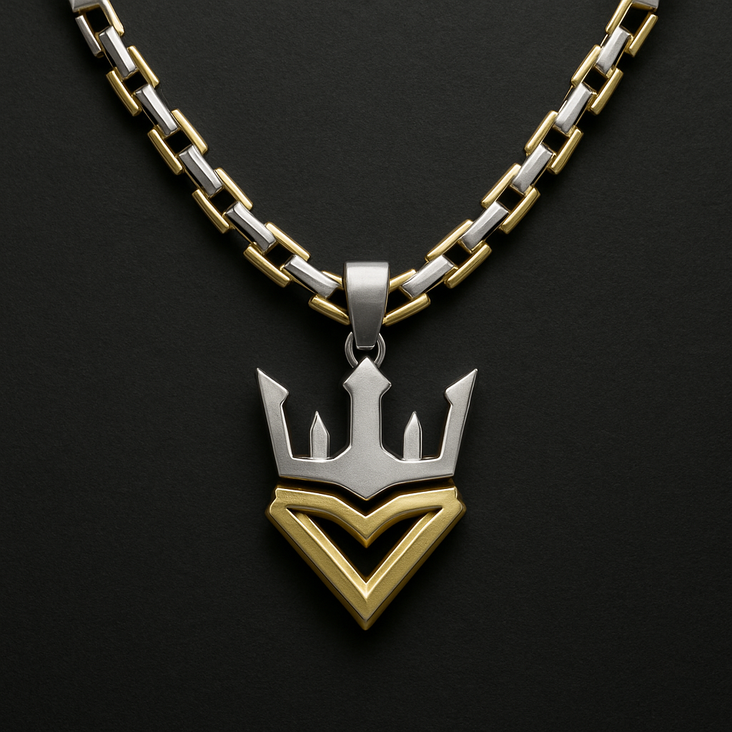 I want to create a very unique necklace that no one has from white and yellow gold for a man which a strong personality like a king 