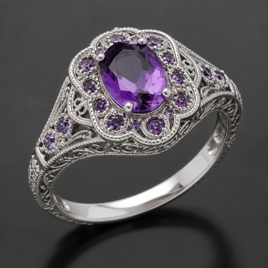 A filigree women's ring made of platinum with amethyst stones
photorealistic jewelry design, A filigree women's ring made of platinum with amethyst stones, filigree style, just the design no text