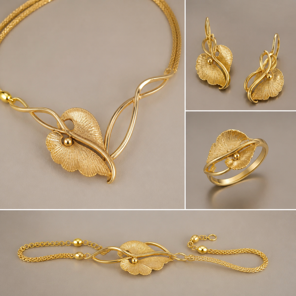 A artistic women's necklace made of gold. make earrings and ring and bracelet with it as same design
photorealistic jewelry design, A artistic women's necklace made of gold. make earrings and ring and bracelet with it as same design, artistic style, just the design no text