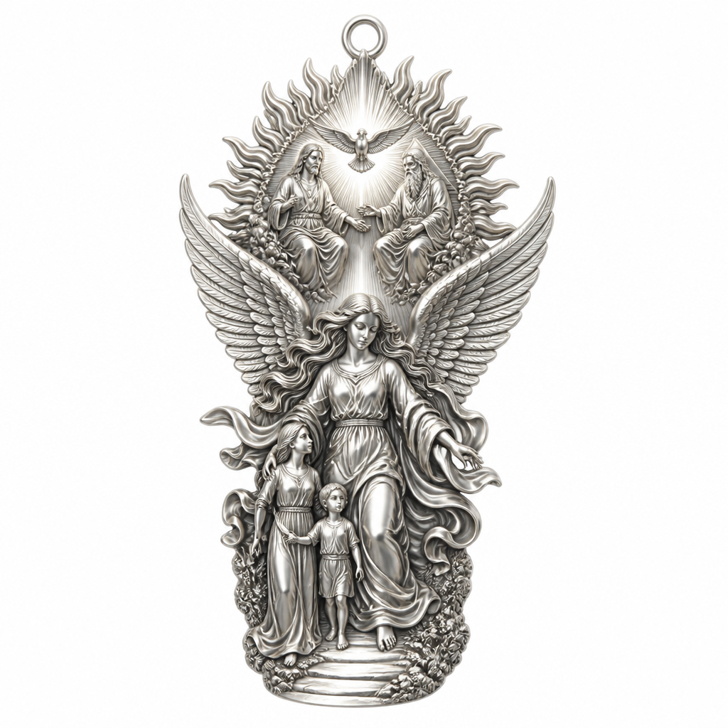 A modern women's pendant made of silver suitable for festival. An extraordinary excellent beautiful delicate and elegant pendant with the Guardian Angel with a beautiful delicate and elegant face, with long hair, with big wings flying, with a beautiful delicate elegant and with beautiful curves at her body, with a beautiful delicate and elegant tunic holding a child and an adult with its hands protecting them and guiding them on the way of the Holy Trinity. Sawing the way of the Holy Trinity in front of them God the Father, God the Son and God the Holy Spirit, the Holy Spirit to be as an Angel with a dove under the Angel surrounded by tongues of fire radiating light to the persons and the Guardian Angel, without the surrounding metals of the pendant.