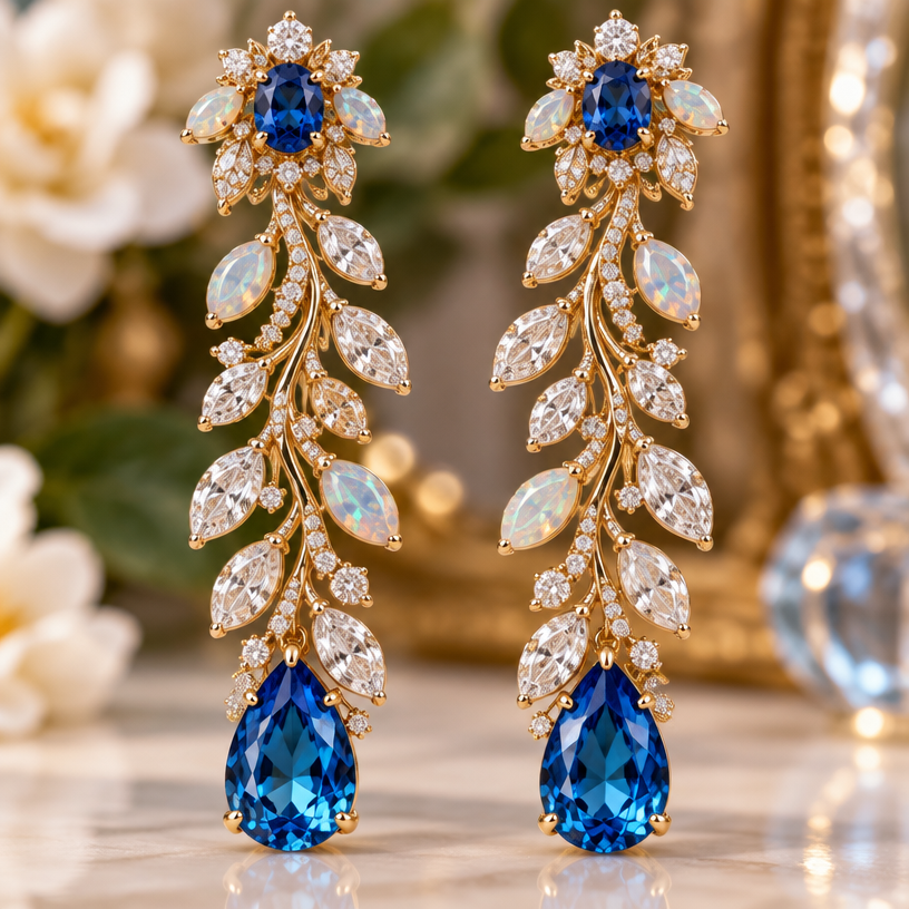 A nature-inspired women's earrings made of gold with sapphire and opal and diamond stones, highly ornate, intricate and elaborate, richly detailed. 4 LEAF AND VINE DROP EARRINGS
STEP BY STEP
* Marquise-cut diamonds form delicate leaves.
* Set marquise-cut diamonds as delicate leaves.
* Create the flowing vine structure with secure settings.
* Attach the cerulean-blue topaz drops.
* Polish, check symmetry and secure all stones.
Additional Details
* Design: Long, dangling vine-like structure.
* Gemstones: Marquise-cut diamonds, cerulean-blue topaz drops.
* Metal: Platinum / White gold with pavé diamonds.
using the attached image as a visual reference, create A nature-inspired women's earrings made of gold with sapphire and opal and diamond stones, highly ornate, intricate and elaborate, richly detailed. 4 LEAF AND VINE DROP EARRINGS
STEP BY STEP
* Marquise-cut diamonds form delicate leaves.
* Set marquise-cut diamonds as delicate leaves.
* Create the flowing vine structure with secure settings.
* Attach the cerulean-blue topaz drops.
* Polish, check symmetry and secure all stones.
Additional Details
* Design: Long, dangling vine-like structure.
* Gemstones: Marquise-cut diamonds, cerulean-blue topaz drops.
* Metal: Platinum / White gold with pavé diamonds.. photorealistic, just the design no text