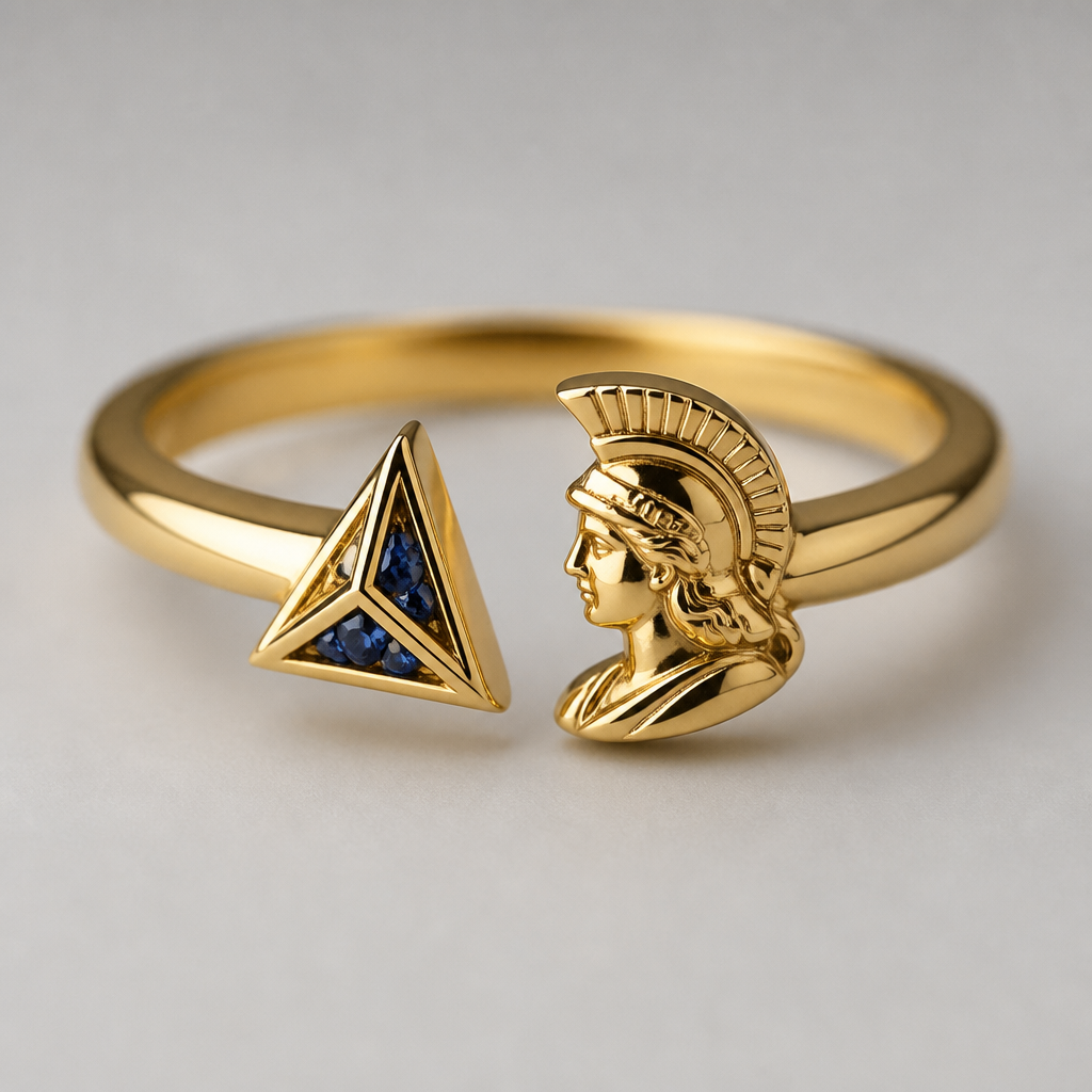 A minimalist women's ring made of gold with sapphire stones suitable for formal. Faça um modelo de anel de formatura feminino com o tetraedro que representa o curso de engenharia de materiais com o tetraedro que representa o curso de engenharia de materiais e do outro lado a deusa minerva
photorealistic jewelry design, A minimalist women's ring made of gold with sapphire stones suitable for formal. Faça um modelo de anel de formatura feminino com o tetraedro que representa o curso de engenharia de materiais com o tetraedro que representa o curso de engenharia de materiais e do outro lado a deusa minerva, minimalist style, just the design no text