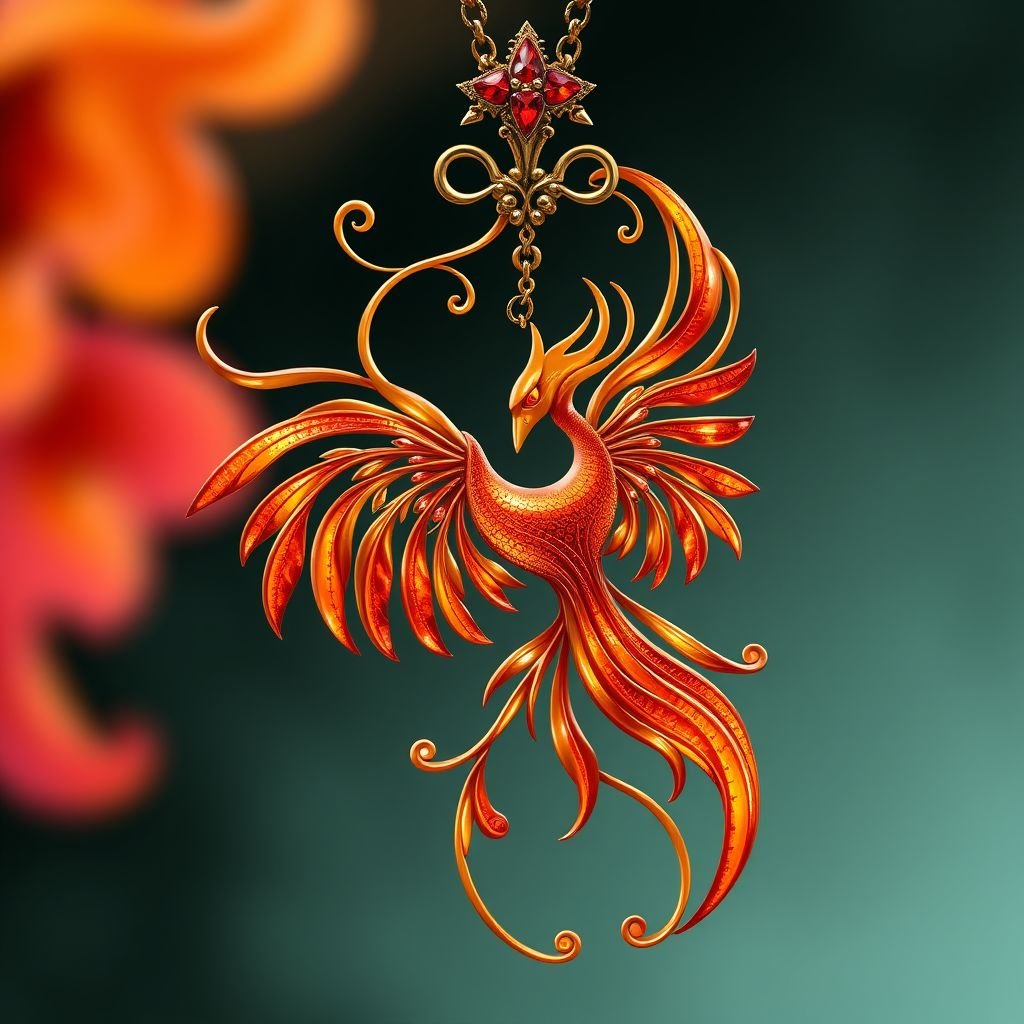 A orange and red phoenix pendant with gold chain necklace 