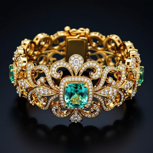 Make a high jewellery Make a bracelets with baroque patterns studded with diamonds and paraiba tourmaline 