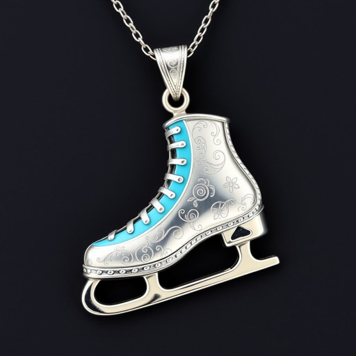 Silver Pendant shape one ice skate with turquoise stripe inside the low thin part blade