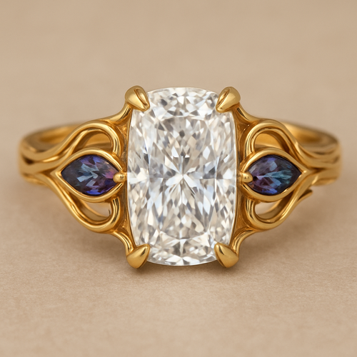 2 carat elongated cushion cut diamond engagement ring with double claw prongs in yellow gold ring with marquise shaped alexandrite side stones 