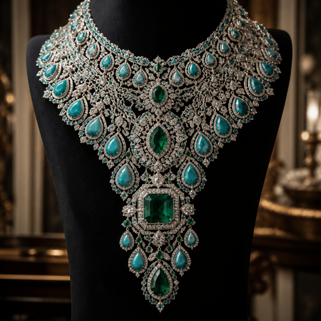 A royal women's necklace made of white gold with emerald and turquoise stones suitable for festival, highly ornate, intricate and elaborate, richly detailed. A really heavy and elegant jewellery inspired by Bangladeshi wedding jewellery. it is very long and has a center emerald piece that's a cube and the rest of the gemstones are teardrop shaped and there's a lot of theme. the white gold also has patterns on it and it covers the entire neck
photorealistic jewelry design, A royal women's necklace made of white gold with emerald and turquoise stones suitable for festival, highly ornate, intricate and elaborate, richly detailed. A really heavy and elegant jewellery inspired by Bangladeshi wedding jewellery. it is very long and has a center emerald piece that's a cube and the rest of the gemstones are teardrop shaped and there's a lot of theme. the white gold also has patterns on it and it covers the entire neck, royal style, just the design no text