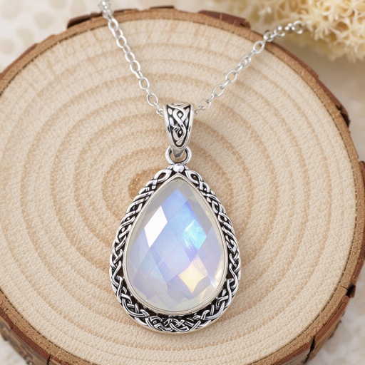 A  drop-cut IF moonstone gemstone necklace with silver lining around it 