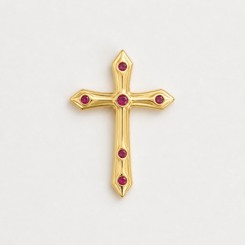 Dainty and feminine Gold cross with rubies, majority gold . Hidden bail
photorealistic jewelry design, Dainty and feminine Gold cross with rubies, majority gold . Hidden bail, minimalist style, just the design no text