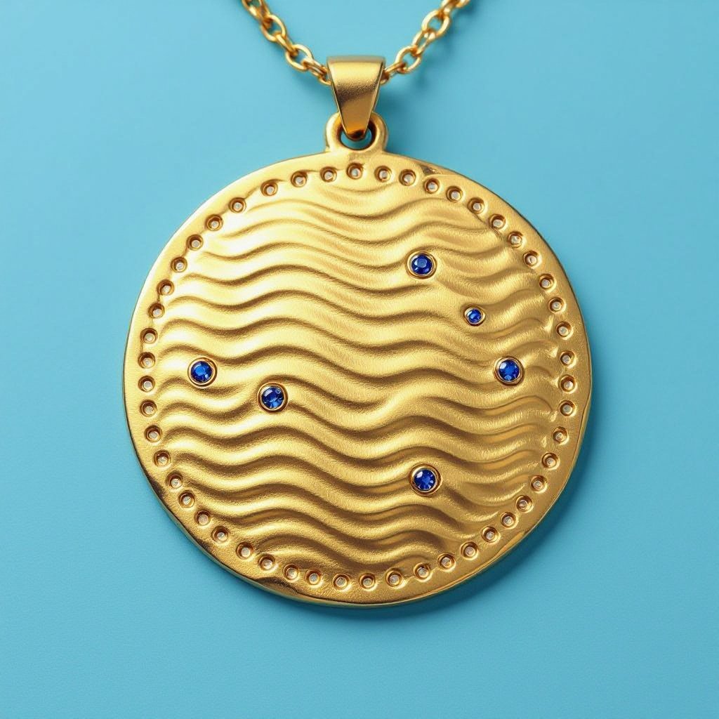 Золотой матовый медальон в форме неровного круга с неровными краями. По краям выпуклые точки сплошной линией. На круге разные волнистые узоры словно волны. Три миниатюрных голубых камушка хаотично расположены в круге