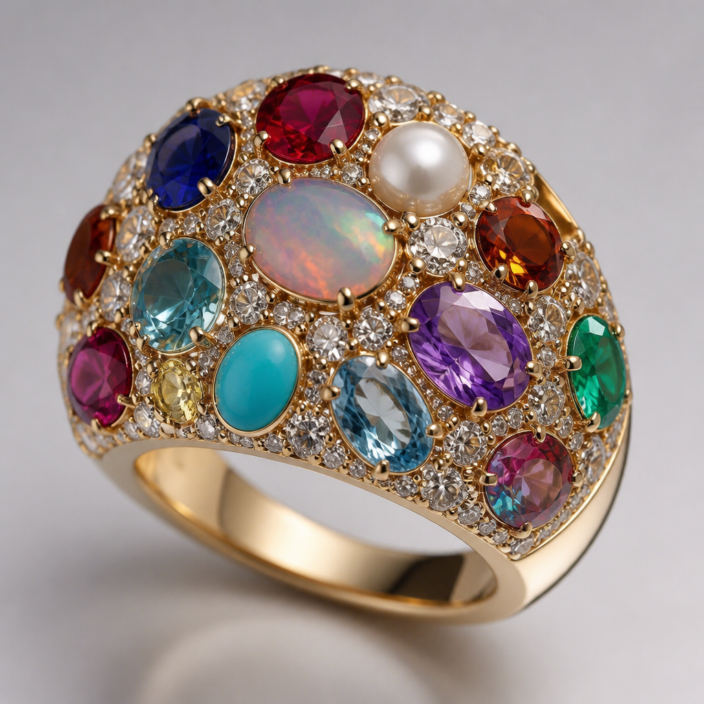 A women's ring made of gold with diamond and ruby and sapphire and opal and amethyst and pearl and emerald and garnet and aquamarine and turquoise and topaz stones. **Pavé:** Tiny diamonds set closely together, creating a continuous sparkle that enhances the center 𝕤𝕥𝕠𝕟𝕖
photorealistic jewelry design, A women's ring made of gold with diamond and ruby and sapphire and opal and amethyst and pearl and emerald and garnet and aquamarine and turquoise and topaz stones. **Pavé:** Tiny diamonds set closely together, creating a continuous sparkle that enhances the center 𝕤𝕥𝕠𝕟𝕖, modern style, just the design no text