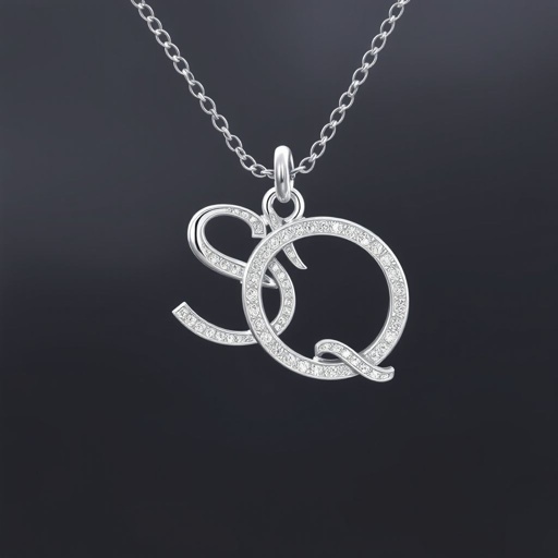 silver necklace with the pendant in letter letters SQ with white  stones. Make it cute and simple 