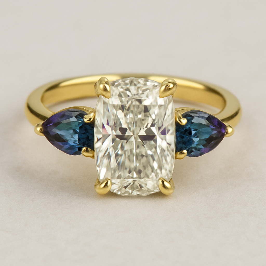 2 carat elongated cushion cut diamond engagement ring with double claw prongs in yellow gold ring with marquise shaped alexandrite side stones