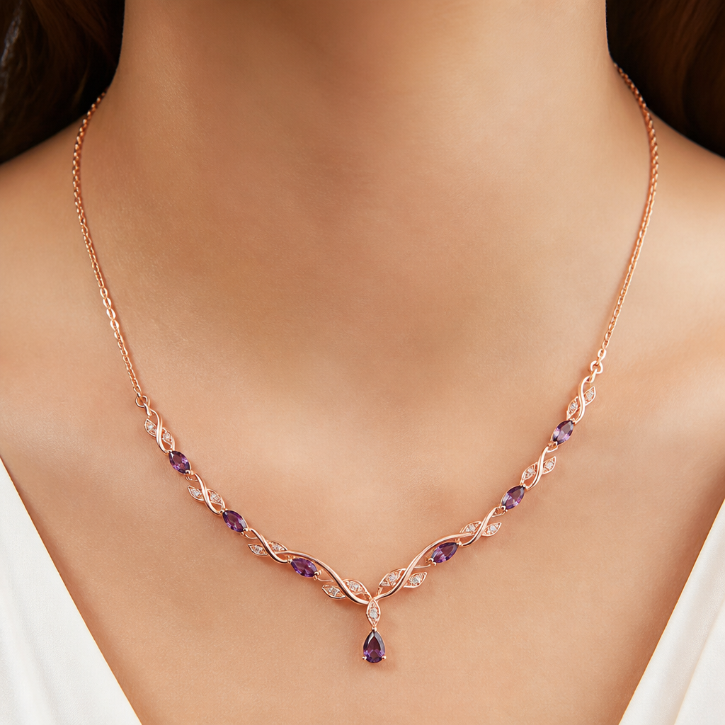 A modern women's necklace made of rose gold with amethyst stones suitable for wedding. un collier pas très voyant mais moderne et éclatant en or rose délcats en améthyste incrusté d'améthyste avec de fines pour un mariage somptueux c'est bon
photorealistic jewelry design, A modern women's necklace made of rose gold with amethyst stones suitable for wedding. un collier pas très voyant mais moderne et éclatant en or rose délcats en améthyste incrusté d'améthyste avec de fines pour un mariage somptueux c'est bon, modern style, just the design no text