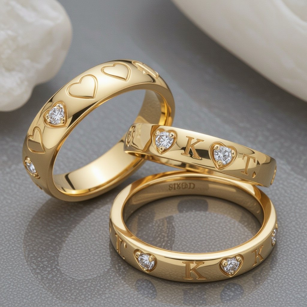 A men’s bold 14K band with repeating raised hearts (one engraved with T, one with K, and diamonds in the others). 	2.	Two identical women’s rings like the one described above — both feminine, delicate, and matching.