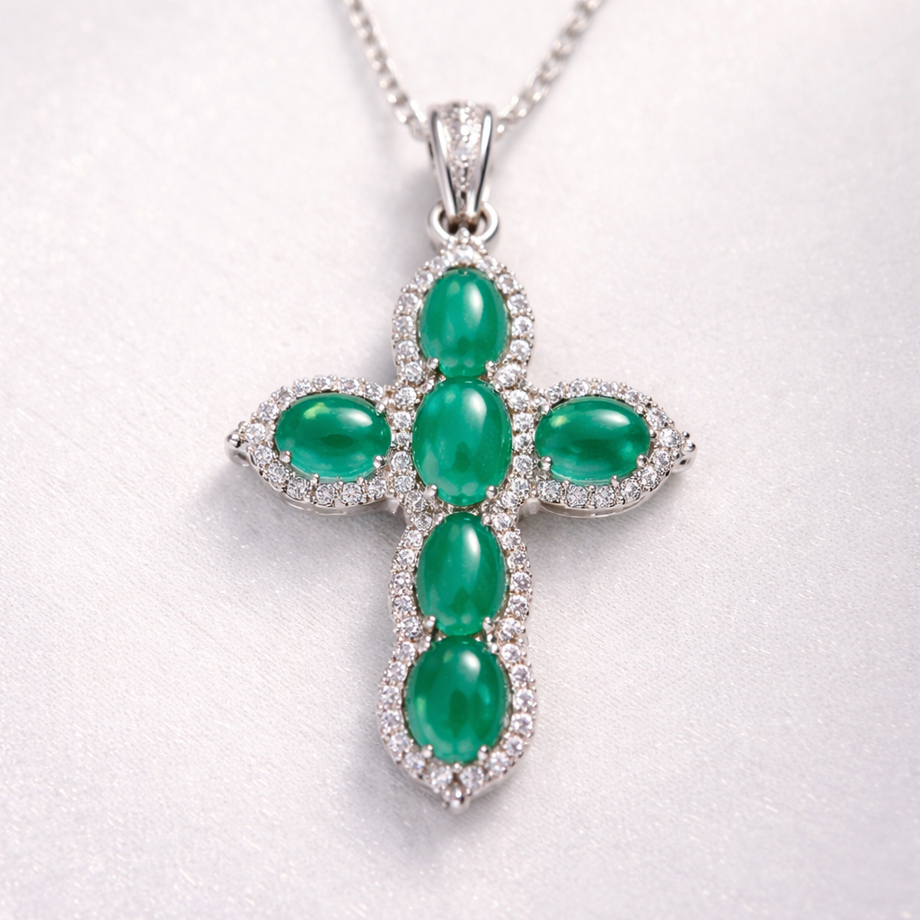 Cabachon emerald white gold cross, small and feminine