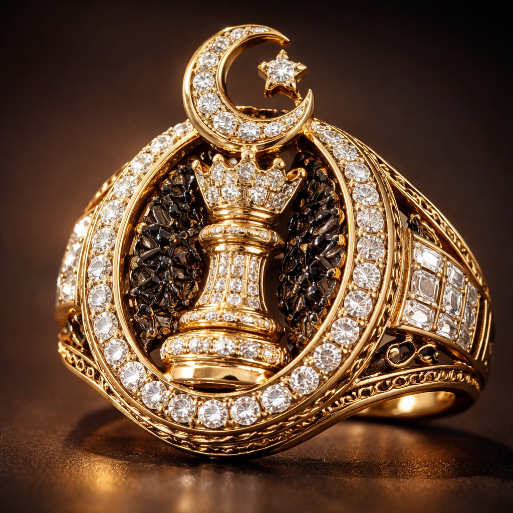 I want a big pinky ring with the middle being a chess piece king But on top the king I want the Muslim moon crescent instead