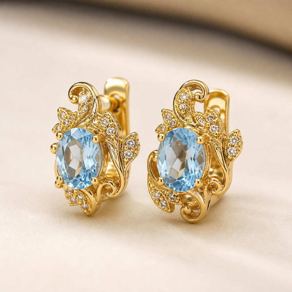 A gold women's earrings made of gold with topaz stones suitable for daily wear, highly ornate, intricate and elaborate, richly detailed. delicado y sencillo y que los aretes sean cortos
photorealistic jewelry design, A gold women's earrings made of gold with topaz stones suitable for daily wear, highly ornate, intricate and elaborate, richly detailed. delicado y sencillo y que los aretes sean cortos, gold style, just the design no text