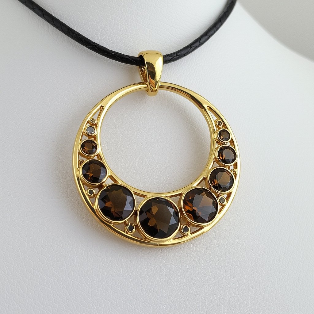 Подвеска из трех полумесяцев с узорами и камнями раухтопаза из матового неровного светлого золота с узорами соединенных цепочкой сверху самый широкий полукруг дальше средний и снизу самый маленький