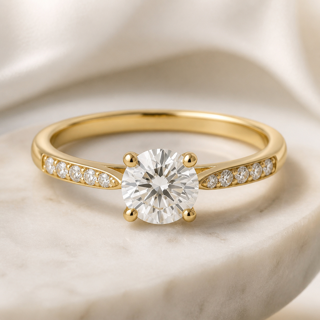 A classic women's ring made of gold with diamond stones suitable for engagement. Anillo en oro amarillo estilo clásico para compromiso
photorealistic jewelry design, A classic women's ring made of gold with diamond stones suitable for engagement. Anillo en oro amarillo estilo clásico para compromiso, classic style, just the design no text