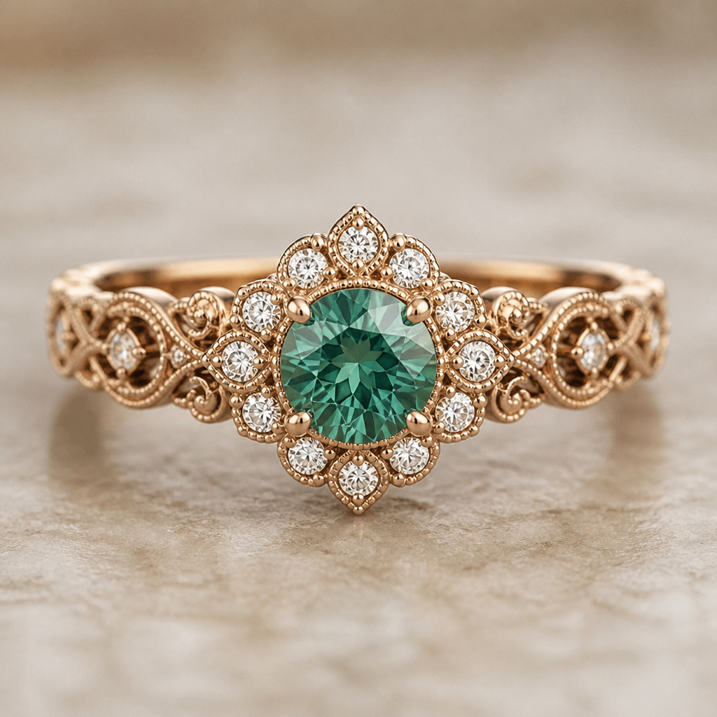 Think rose gold band with medium round blue green diamond in the middle surrounded by small white diamonds
photorealistic jewelry design, Think rose gold band with medium round blue green diamond in the middle surrounded by small white diamonds , renaissance style, just the design no text