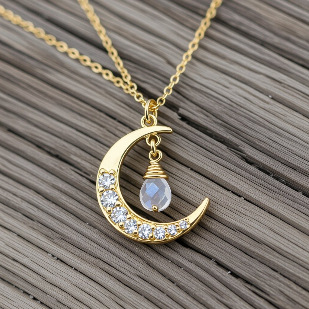 Луна полумесяцем с мелкими камушками и маленький в виде кристала лунный камень подвеска
