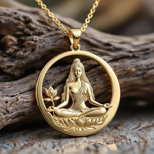 Золотой кулон в виде неровного круга в круге выгравирована женщина с длинными волосами в позе лотоса