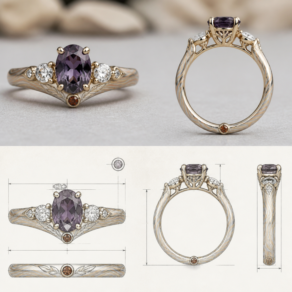 A bespoke/custom women's ring made of gold with sapphire and diamond stones suitable for engagement, minimalist, simple and delicate, clean lines. Créer une bague photo realistique ainsi que son croquis portant ses mesure et tout information pertinante
J'aimerais que la bague soit en "mokume gane" d'or jaune, rose et d'argent. une bague pour femme avec la pierre principe ovale de 7mm par 9mm (une spinel mauve foncé) et deux petit diamants ronds de 2mm et 4mm de chaques côté de la pierre principal et un diamant rouge cognac "flush set" en bas a l'opposé de la pierre principal jaimerais que la pierre principale soit dans une attache de type bascket avec 6 "prongs" et jaimerais que le design soit élégant pure et feminin avec seulement quelques petites decorations simples de style scandinave et ornements de yggdrasil
photorealistic jewelry design, A bespoke/custom women's ring made of gold with sapphire and diamond stones suitable for engagement, minimalist, simple and delicate, clean lines. Créer une bague photo realistique ainsi que son croquis portant ses mesure et tout information pertinante
J'aimerais que la bague soit en "mokume gane" d'or jaune, rose et d'argent. une bague pour femme avec la pierre principe ovale de 7mm par 9mm (une spinel mauve foncé) et deux petit diamants ronds de 2mm et 4mm de chaques côté de la pierre principal et un diamant rouge cognac "flush set" en bas a l'opposé de la pierre principal jaimerais que la pierre principale soit dans une attache de type bascket avec 6 "prongs" et jaimerais que le design soit élégant pure et feminin avec seulement quelques petites decorations simples de style scandinave et ornements de yggdrasil, bespoke_custom style, just the design no text