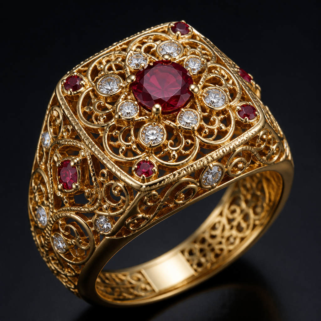 A filigree men's ring made of gold with diamond and ruby stones
photorealistic jewelry design, A filigree men's ring made of gold with diamond and ruby stones, filigree style, just the design no text