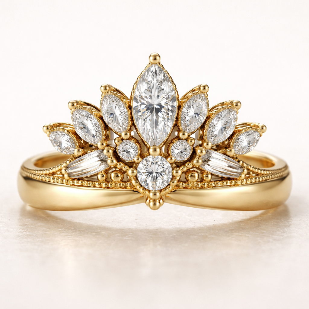 Create a ring in 14k yellow gold, set in platinum. The center stone is a .60 size marquise diamond with a .25 round diamond set directly under the marquise. Add 6 more marquise shaped diamonds and 2 more round diamonds and 4 to 6 rectangle shaped baguettes in the shape of a crown with a 4mm thick gold yellow gold band.