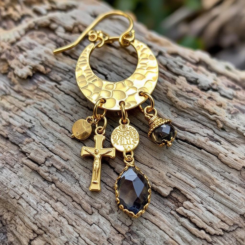 Золотые серьги словно мятое золото в форме узкого изящного полумесяца. Верхушка полумесяца крепится к застежке серьги. К нижней части полумесяца крепятся три подвески: миниатюрный золотой египетриский крест, очень маленький кристалл раухтопаза и маленький золотой кружочек с мятым эффектом плоский