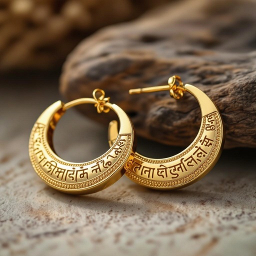 Серьги золотые в форме изогнутого изящного полумесяца, полукруг как продолжение застежки, на полукруге надписи мантрами на санскрите