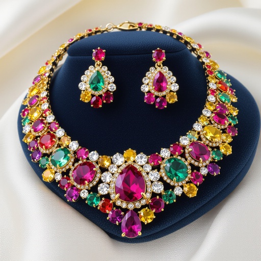 Necklace and ring and earring with luxury colorful jewel with gold