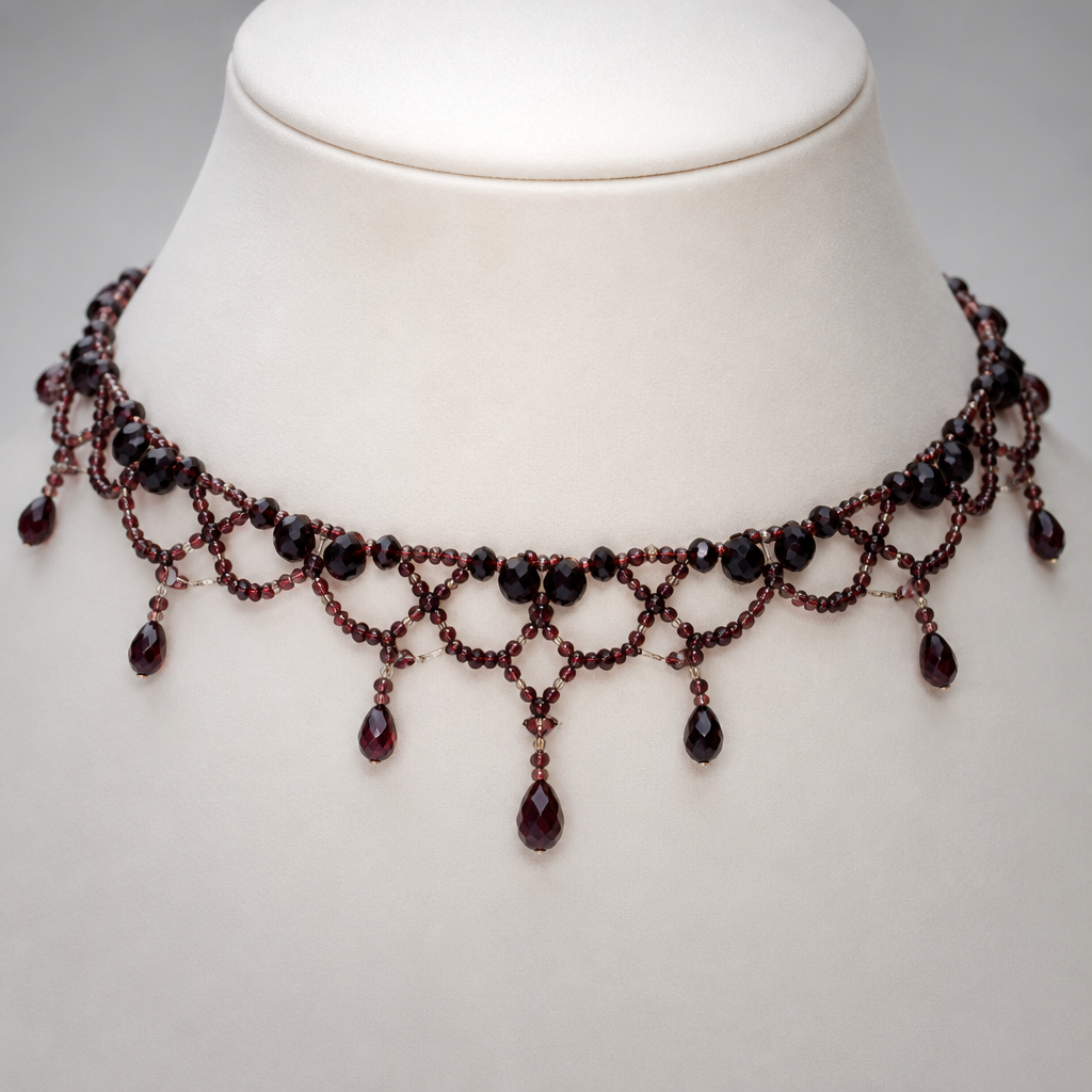 Hand made Beaded choker created from 2mm and 7mm faceted garnet beads.
photorealistic jewelry design, Hand made Beaded choker created from 2mm and 7mm faceted garnet beads. , art_deco style, just the design no text