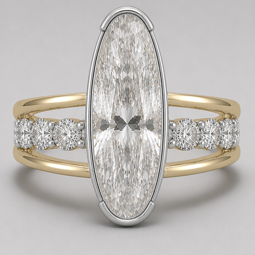 north south semi bezel, open east west wall elongate the oval stone
edit the attached jewelry design with these instructions: north south semi bezel, open east west wall elongate the oval stone. keep it photorealistic, just the design no text