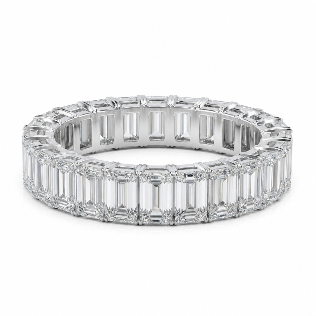 Create Emerald Cut Eternity Band featuring 18 Emerald Cut Diamonds. The stones should be 5.55mm x 3.65mm and have a 1.5 ratio. There should be no space between the stones. The metal should be white.
photorealistic jewelry design, Create Emerald Cut Eternity Band featuring 18 Emerald Cut Diamonds. The stones should be 5.55mm x 3.65mm and have a 1.5 ratio. There should be no space between the stones. The metal should be white. , just the design no text