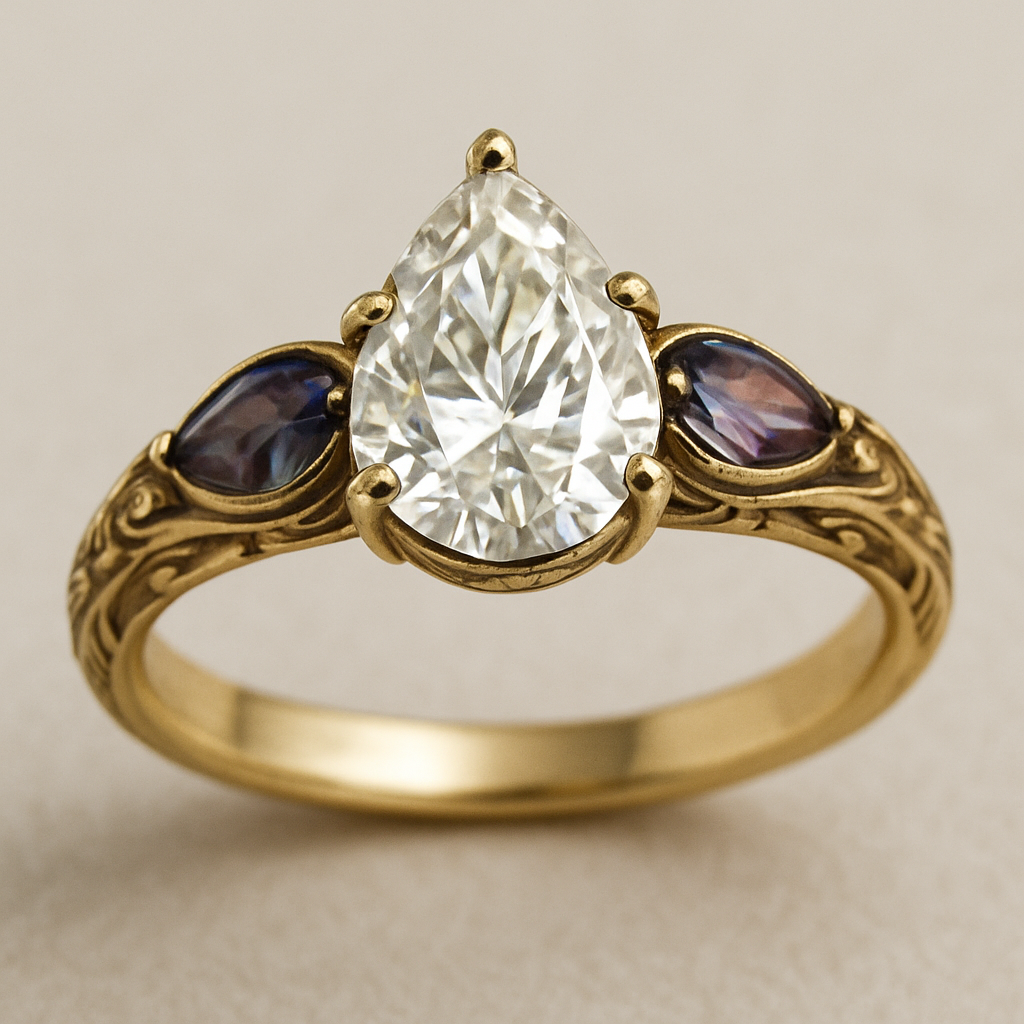 2 carat pear cut diamond with with claw prongs and marquise shaped alexandrite side stones set in a yellow flared shank