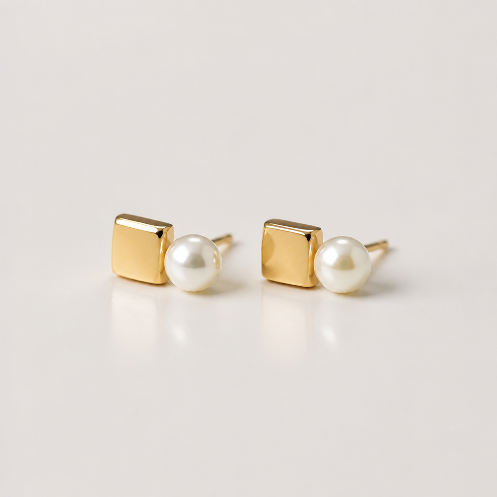 A women's earrings made of gold. an earing with 1 pearl and gold beside. no diamond. also small simple, square gold and pearl middle
photorealistic jewelry design, A women's earrings made of gold. an earing with 1 pearl and gold beside. no diamond. also small simple, square gold and pearl middle, modern style, just the design no text