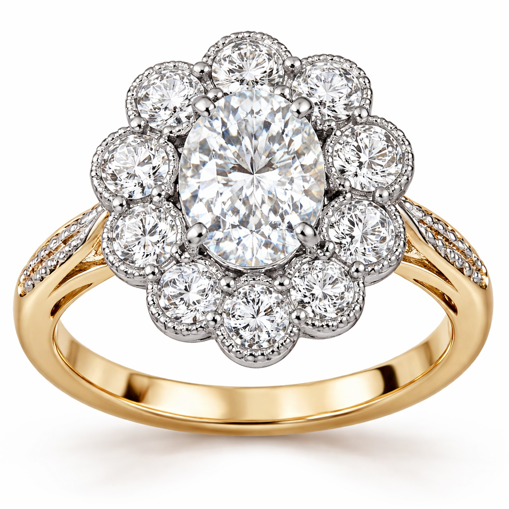 Create a flower style ring with the center stone being an oval three-quarter carat with large round stones, creating the look of a flower around the perimeter of the oval set the diamonds in platinum on a 14 yellow karat gold band the Centerstone has to be an oval, not a round, please make the center stone, a three-quarter carat oval