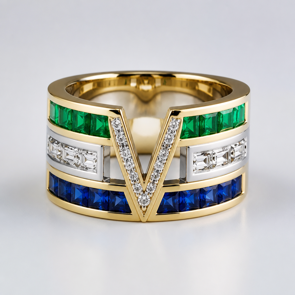 A geometric women's ring made of gold with emerald and diamond and sapphire stones. Un anillo cuadrado grueso con una letra V en el centro en el aro qué hace el anillo tiene que haber una separación como si fueran dos aros en el mismo anillos con esmeraldas safiros y diamantes en oro blanco y oro amarillo
photorealistic jewelry design, A geometric women's ring made of gold with emerald and diamond and sapphire stones. Un anillo cuadrado grueso con una letra V en el centro en el aro qué hace el anillo tiene que haber una separación como si fueran dos aros en el mismo anillos con esmeraldas safiros y diamantes en oro blanco y oro amarillo, geometric style, just the design no text