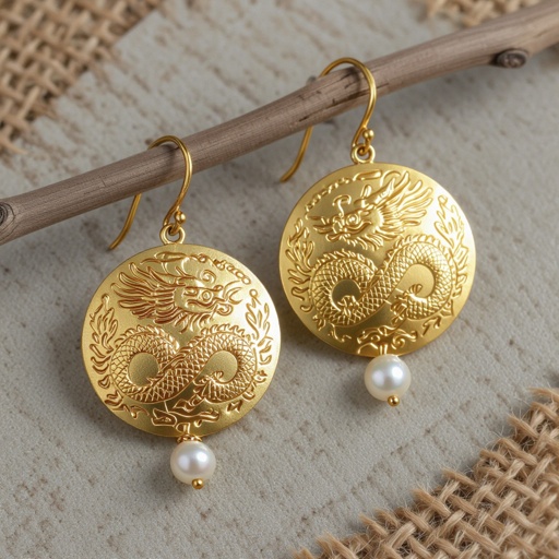 Золотые матовые серьги с изображением дракона узоры и жемчуг 