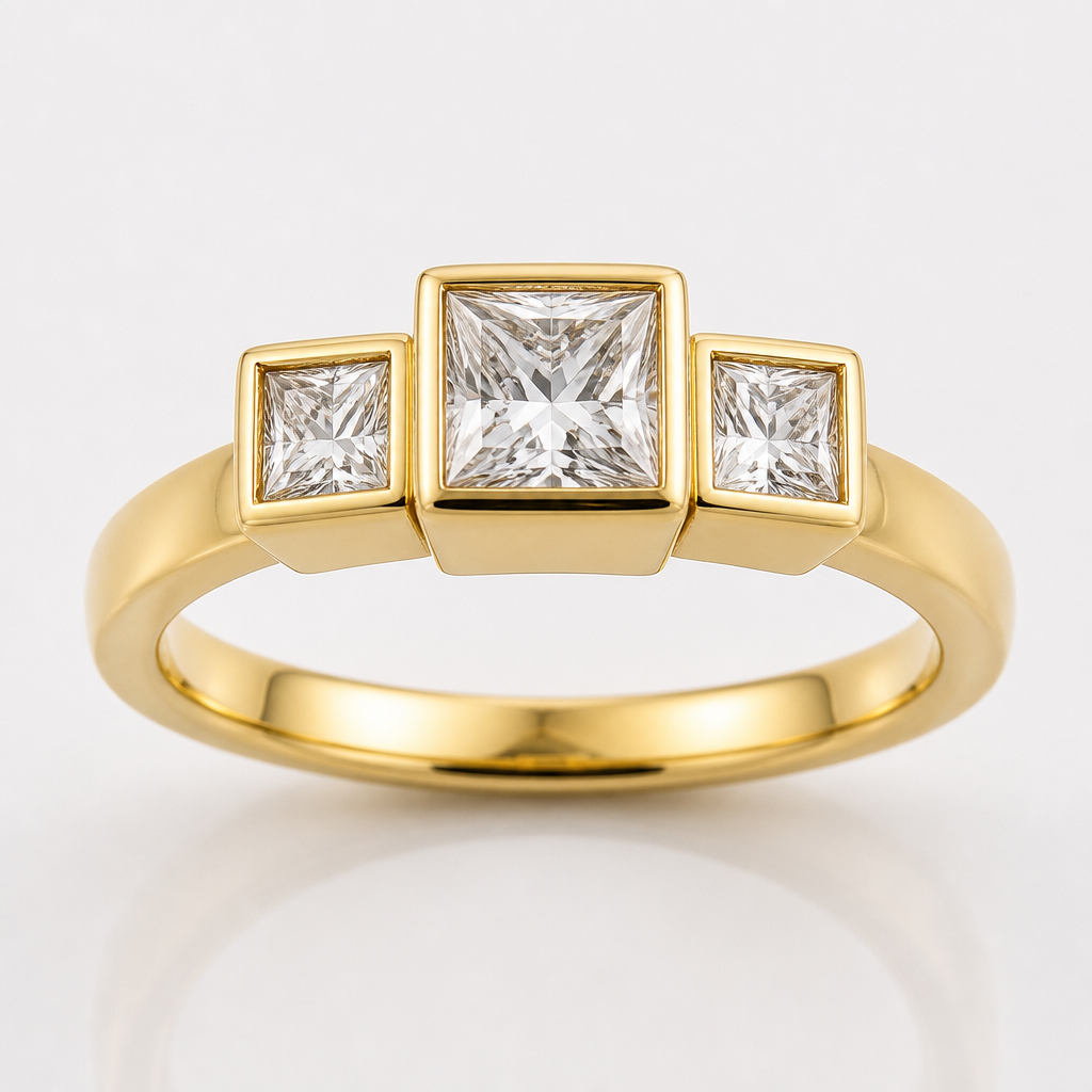 create a 3-stone ring with a .50ct princess cut diamond in the center and two .20ct princess cut diamonds on the sides. 14k yellow gold with bezel settings where the center stone is set higher than the accents
Modern jewelry: Modern 3-stone ring. 14k yellow gold. Bezel settings. Center: .50ct princess cut diamond, set higher. Sides: two .20ct princess cut diamonds.